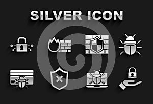 Set Shield with cross mark, System bug, Lock in hand, on monitor, credit card, brick wall, Cyber security and Firewall