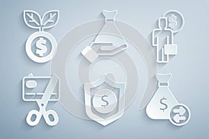 Set Shield with dollar, Business man planning mind, Scissors cutting credit card, Money bag, hand and Dollar plant icon