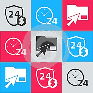 Set Shield with dollar, Clock 24 hours and Cursor click document folder icon. Vector