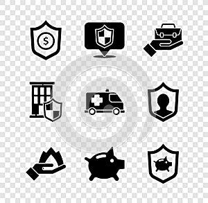 Set Shield with dollar, Location shield, Hand holding briefcase, fire, Piggy bank, House and Emergency car icon. Vector