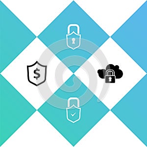 Set Shield with dollar, Lock and check mark, and Cloud computing lock icon. Vector