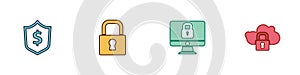 Set Shield with dollar, Lock, on computer monitor and Cloud computing lock icon. Vector