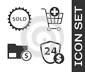 Set Shield with dollar, Sold label, Envelope with coin dollar and Add to Shopping cart icon. Vector