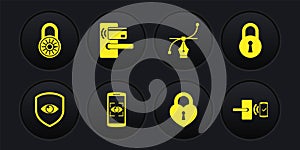 Set Shield and eye, Lock, Mobile scan, Castle in the shape of heart, Bezier curve and Digital door lock with wireless