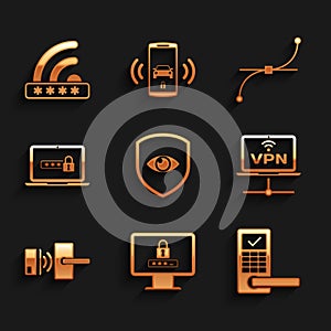 Set Shield and eye, Monitor with password, Digital door lock wireless, VPN Computer network, and Laptop icon. Vector