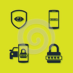 Set Shield and eye, Password protection, Smart car security system and Mobile password icon. Vector