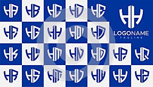 Set of shield H letter logo design vector. Simple security H logo template set.