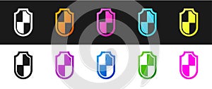 Set Shield icon isolated on black and white background. Guard sign. Security, safety, protection, privacy concept