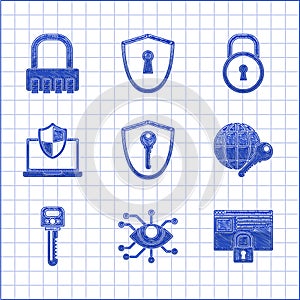 Set Shield with key, Eye scan, Secure your site HTTPS, SSL, Globe, Key, Laptop protected shield, Lock and Safe