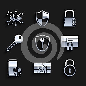 Set Shield with key, Firewall, security wall, Lock, Secure your site HTTPS, SSL, Smartphone shield, Key, Safe