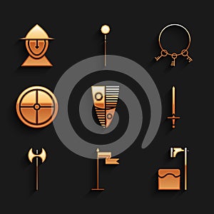 Set Shield, Medieval flag, Executioner axe in tree block, sword, Round wooden shield, Old keys and iron helmet icon
