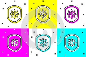 Set Shield protecting from virus, germs and bacteria icon isolated on color background. Immune system concept. Corona