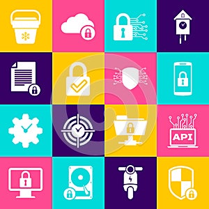Set Shield security with lock, Computer api interface, Smartphone, Cyber, Lock and check mark and Document icon. Vector