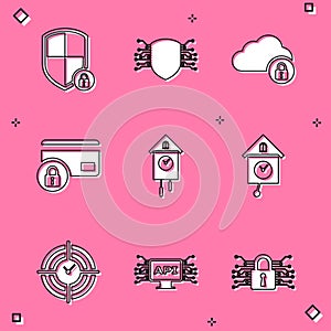 Set Shield security with lock, Cyber, Cloud computing, Credit card, Retro wall watch and icon. Vector