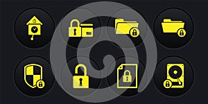 Set Shield security with lock, Folder and, Open padlock, Document, and Credit card icon. Vector