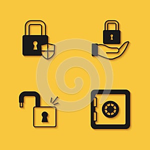 Set Shield security with lock, Safe, Open padlock and Lock icon with long shadow. Vector