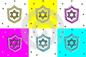 Set Shield with Star of David icon isolated on color background. Jewish religion symbol. Symbol of Israel. Vector