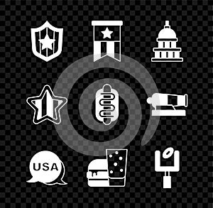 Set Shield with stars, American flag, White House, USA Independence day, Burger, football goal post, and Hotdog sandwich