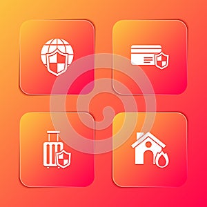 Set Shield with world globe, Credit card shield, Travel suitcase and Fire in burning house icon. Vector