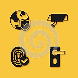 Set Shield with world globe, Fingerprint door lock, and Security camera icon with long shadow. Vector