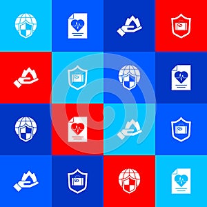 Set Shield with world globe, Health insurance, Hand holding fire and Travel suitcase shield icon. Vector