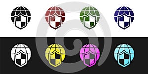 Set Shield with world globe icon isolated on black and white background. Insurance concept. Security, safety, protection