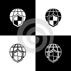 Set Shield with world globe icon isolated on black and white background. Insurance concept. Security, safety, protection