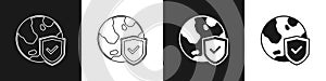 Set Shield with world globe icon isolated on black and white background. Insurance concept. Security, safety, protection