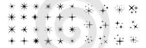 Set of shine icons, Clean star icons. Star icons. Twinkling stars. Sparkles, shining burst. Christmas vector symbols isolated