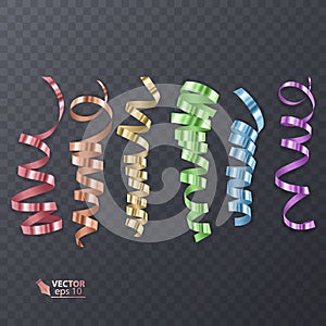 Set of shiny colorful ribbons on transparent background, decoration for Christmas card design. Vector eps 10 illustration