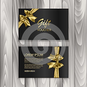 Set of shiny gift voucher with realistic golden bow. Vector template for gift card