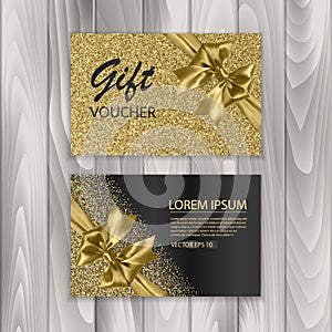 Set of shiny gift voucher with realistic golden bow. Vector template for gift card