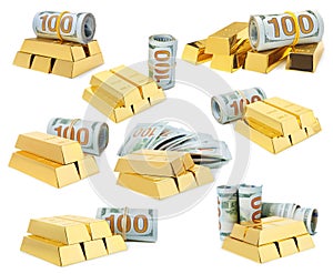 Set of shiny gold bars and dollar banknotes