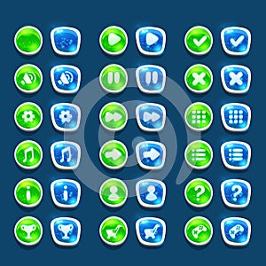 Set with shiny green and blue interface buttons with icons