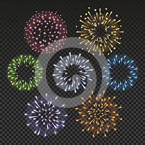 Set of shiny lights color fireworks on transparent background for Your holiday design