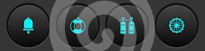 Set Ship bell, Lifebuoy, Aqualung and steering wheel icon. Vector