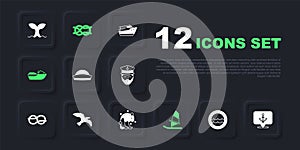 Set Ship porthole, Anchor, Sailor hat, Windsurfing, Jet ski, Bird seagull, Nautical rope knots and Tsunami icon. Vector