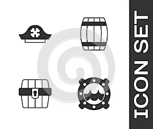 Set Ship porthole with seascape, Pirate hat, Antique treasure chest and Wooden barrel icon. Vector