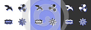 Set Ship steering wheel, Bird seagull, Nautical rope knots and Boat propeller icon. Vector