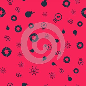 Set Ship steering wheel, Bomb ready to explode, Lifebuoy and Compass on seamless pattern. Vector