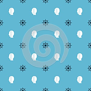 Set Ship steering wheel and Diving hood on seamless pattern. Vector