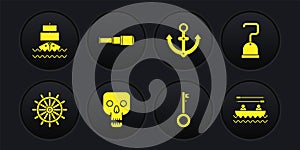 Set Ship steering wheel, Pirate hook, Skull, key, Anchor, Spyglass telescope lens, Boat with oars and icon. Vector