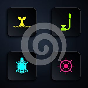 Set Ship steering wheel, Whale tail ocean wave, Turtle and Snorkel. Black square button. Vector