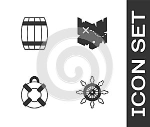 Set Ship steering wheel, Wooden barrel, Lifebuoy and Pirate treasure map icon. Vector