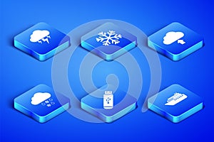 Set Ship, Storm, USB flash drive, Cloud with snow and rain, Snowflake and upload icon. Vector