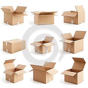 set of shipment cargo or parcel package cardboard boxes for home delivery .and shipping service, open and closed empty blank