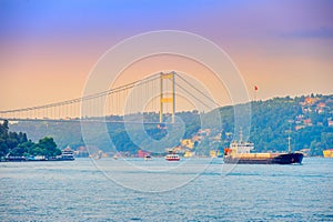 Set of the ships passes across the canal Bosphorus