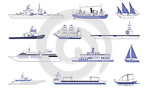 Set of ships and vessels. Vector images of sailing ships, steamships, modern ships
