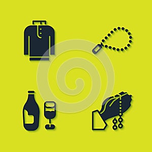 Set Shirt kurta, Hands in praying position, Wine bottle with glass and Rosary beads religion icon. Vector