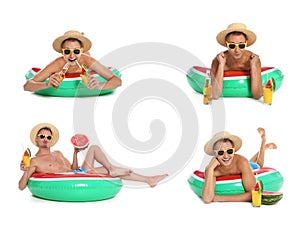 Set of shirtless man with different beach accessories having fun